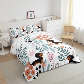 Erosebridal Kawaii Dachshund Bedding Set Queen,Cartoon Puppy Dog Comforter Set for Kids Girls Boys,Cute Love Heart Leaf Floral Comforter Set,Paw Print Animal Quilt Bed Set with 2 Pillow Cases
