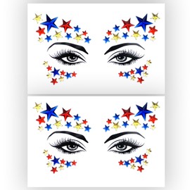 Independence Day Face Gems Patriotic Blue and Red Star Rhinestones Face Tattoo Stickers for Women Girls 4th of July Jewelry for Face Body Makeup Independence Day Party Decoration-2pcs