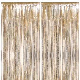 2pcs Champagne Gold Glitter Tinsel Curtains, 1 * 2m Shimmer Party Foil Door Curtains with Metallic Fringe Tassel Tinsel Backdrop for Birthday Wedding Xmas Party Décor