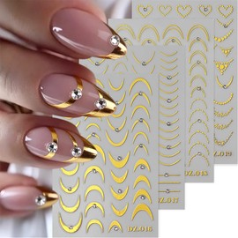 4 Sheets French Tip Nail Stickers for Nail Art 3D Self-Adhesive Gold Nail Art Stickers Gold Heart with Rhinestones Designs French Lines Nail Decals Acrylic Nails Art Supplies for Women DIY Manicure