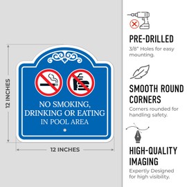 No Smoking Drinking Or Eating in Pool Area Sign, 12x12 Inches, ACM, Fade Resistant, Made in USA by Sigo Signs