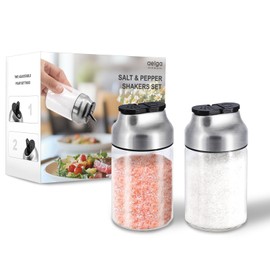 Aelga Salt and Pepper Shakers Set - 5 OZ Glass Salt Shaker with Adjustable Pour Holes - Sugar Dispenser with Stainless Steel Lid - Elegant Kitchen Table Accessories