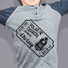 Custom iron-on decal polar express ticket design. Custom name believes Christmas iron-on decal for kids pajamas.