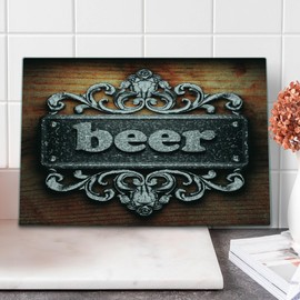 Lunarable Manly Cutting Board, Grey Tone Word on Ornament Beer Text Wooden Background Interior Rustic, Decorative Tempered Glass Cutting and Serving Board, Large Size, Grey Pale Brown