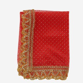 Set of 3 Small Chunari Decorative Cloth Puja Chunni Chunar (Size:- 12 Inch x 20 Inch) Aasan Mat for Statue Frame Idol temple Decor Indian Traditional Navratri Decorations Gifts(Red, Green & Cream)