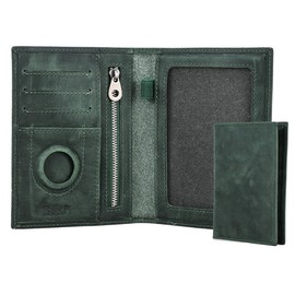 Contacts Full Grain Leather Airtag Passport Holder RFID Blocking Travel Passport Wallet Slim Passport Cover Case with 4 Cards Slots, Coin Pocket (Green)
