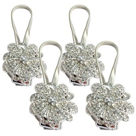 Sumnacon® 4 Packs Crystal Curtain Magnetic Tieback Flower Curtain Clips Buckle with Stretchy Wire Rope for Home Office Decoration (4 Pcs Silver)