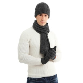 Fayscingo Men Beanie Hat Scarf and Gloves Set Winter Warm Knitted Fleece Lined Skull Cap Neck Warmer Touchscreen Gloves