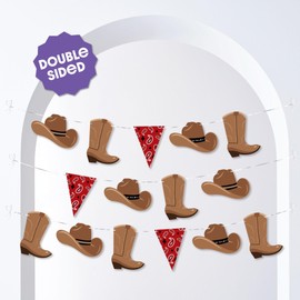 Big Dot of Happiness Western Hoedown Garland Banner, Wild West Cowboy Party Decorations Banner, 30 Feet of Cord, 15 Double-Sided Cowboy Hats, Boots, Red Paisley Bandana