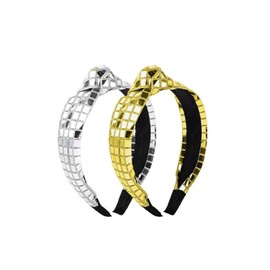 2 Pack Headband Set Glitter Knotted Headbands Metallic Sequin Hair Scrunchies for Bachelorette Party (Silver+Gold, One size)