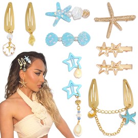 YAEISM 10PCS Blue Starfish Hair Clip Bling Gold Seashell Hair Clips Y2K Summer Beach Shell Hair Accessories for Women and Girls