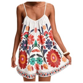 MakeMeChic Women's Summer Short Rompers Boho Floral Backless Wide Leg Jumpsuits White Medium