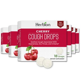 Herbion Naturals Cough Drops with Natural Cherry Flavor, Dietary Supplement, Soothes Cough, for Adults and Children 6 years+ Pack of 6 (108 Lozenges)