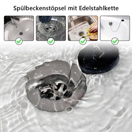 Dreamil Drain Plug, Pack of 2 Sink Drain Plugs, Rubber Plugs with 45 cm Stainless Steel Stopper Chain, Sink Drain Plug for Bathtub, Kitchen, Bathroom, Sink Plug (45.6-42 mm, Black)