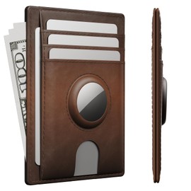 avanture Mens Slim Wallet for Airtag, Premium Crazy Horse Leather Front Pocket Wallet with AirTag Holder, RFID-blocking Mens Wallet Card Case Compatible with AirTag, Brown