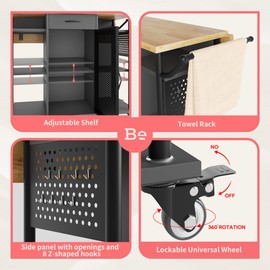 Bestier Rolling Kitchen Utility Cart with Collapsible Surface Extender, 6 Shelves, 1 Cabinet, 1 Drawer, Dual Side Handles, & Hanging Peg Holes, Grey