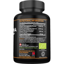 Organic Ashwagandha Capsules 1200mg with KSM-66 (100mg) & 5% Withanolides | Enhanced with Organic Turmeric (200mg) & Black Pepper for Superior Absorption | Certified Organic | 1500mg Per Serving