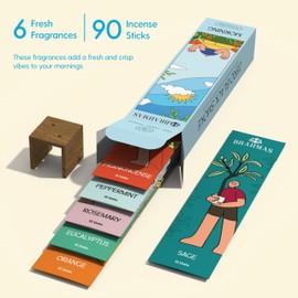 BRAHMAS Pack 6 Total 90 Insence-Sticks, Natural Incense Sticks Variety Pack Including Sage Eucalyptus Peppermint Orange Rosemary & Frankincense + Incense Holder, Long Lasting Incienso Inscents-Sticks