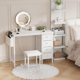 KAI-ROAD White Vanity Desk with Mirror and Light- Makeup Vanity Set Table with Chair, Storage, Lighted Mirror, 4 Large Fabric Drawers & Power Outlet, Dressing Table Vanities for Girls Bedroom