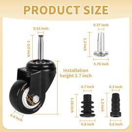 2 Inch Stem Casters Wheels with 5/16" x 1-1/2" (8x38mm) Stem, Set of 4 Shop Vac Wheels Replacement Parts with Iron and Plastic Sockets for Furniture,Cabinet,Dolly,Crib,Trolley,Dining Car
