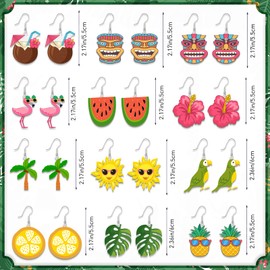 12 Pairs Tropical Earrings Hawaiian Earrings Luau Hula Party Dangle Earrings with Nickel Free Hooks Drop Earrings Summer Holiday Cute Jewelry Accessories for Women Ladies Gift