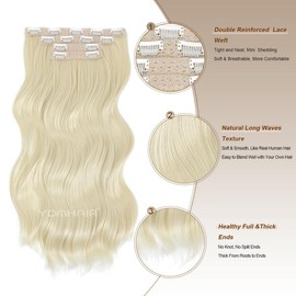 4PCS Blonde Wavy Clip in Hair Extensions 20inch Long Wavy Hair, Full and Thick Volume Double Weft Natural Soft Synthetic Hair Extensions for Women (#613-Bleach Blonde)