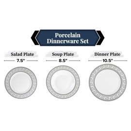 Porcelain 12 Piece Dinnerware Set - Service for 4 - Gorgeous Silver Greek Key Inspired Design - Includes Kitchen Plates, Ceramic Dishes Set for 4 (Meander Silver)