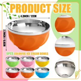Reallnaive 6 Pack Stainless Steel Ice Cream Bowl Insulated Double Wall Dessert Bowls 10 oz Reusable Ice Cream Cups Candy Colorice Container DIY Tools for Festive Birthday Party Favor Gift