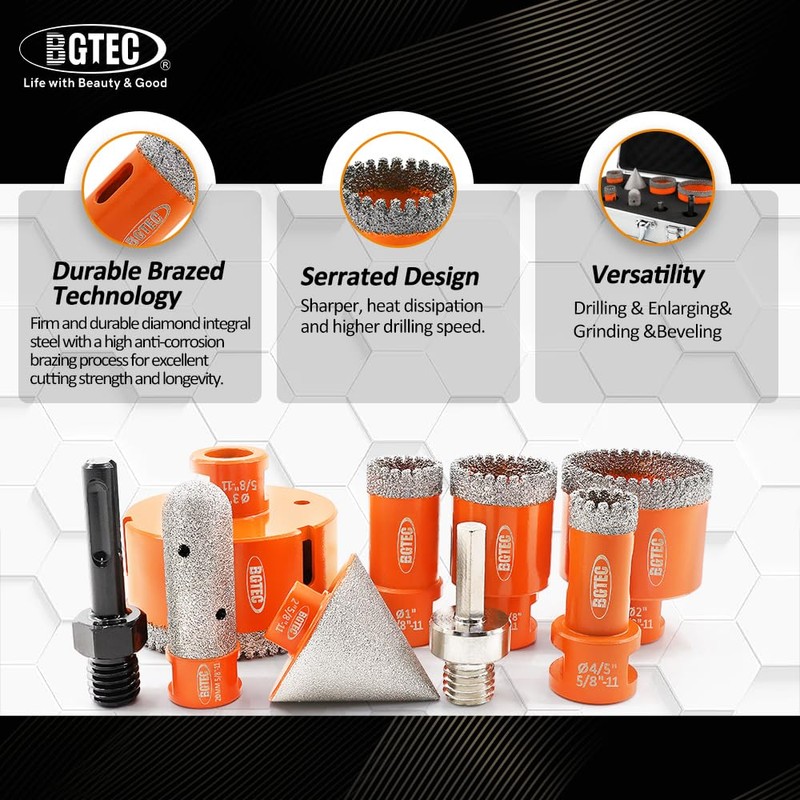BGTEC Diamond Core Drill Bits-9PCS 5/8-11 Thread Tile Hole Saw