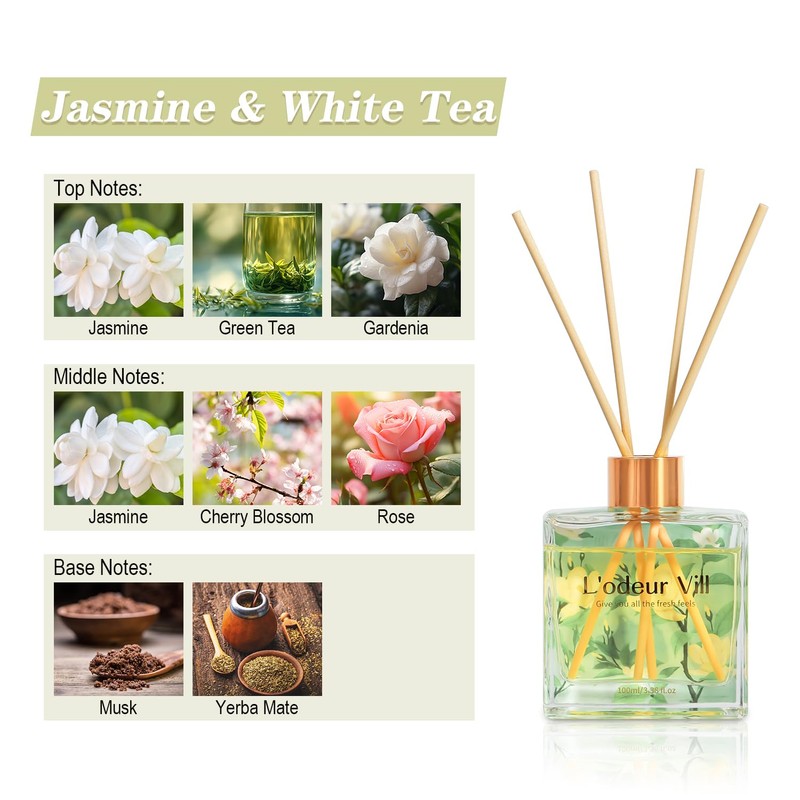 L'odeur Vill Reed Diffuser Set/Jasmine & Lily/3.38 fl.oz（100ML）/1 Pack with