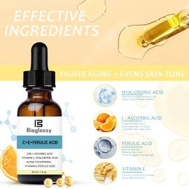 Bioglossy Vitamin CE Ferulic Acid Serum 20% Vitamin C Serum + Vitamin E & Hyaluronic Acid - Skin Moisturizer Face Dark Spot Corrector and Anti Aging 30ml / 1 fl.oz