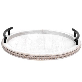 SwallowLiving White Wooden Beaded Serving Tray with Handle Decorative Rustic Whitewashed Tray for Coffee Table Farmhouse Round Tray for Kitchen, Living Room and Bedroom