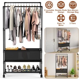 Small Portable Closet Storage Bag with Lockable Wheels & Double Rods Portable Garment Rack Shelves Wardrobescolor: Black Color