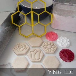SPRING FLOWERS WITH HEXAGON SET OF 5 COOKIE STAMPS AND CUTTER MADE IN USA PR9056