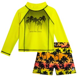 Body Glove Toddler Boys Swim Set - 2 Piece UPF 50+ Quick Dry Swim Trunks and Rash Guard for Boys Kids Swimwear (Sizes: 2T-4T), Size 4T, Neon Yellow Palm Trees