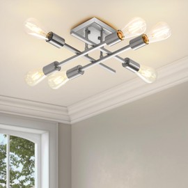 Eidonta 6-Light Semi Flush Mount Ceiling Light Fixture, Modern Brushed Nickel Sputnik Chandelier Lighting, Farmhouse E26 Stock Ceiling Lamp Kitchen Bedroom Living Room Entryway, Bulbs Not Included