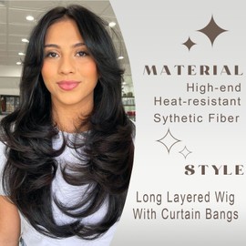 Jolelyne Long Dark Brown Wavy Layered Wigs with Curtain Bangs Brown Wig for Black White Women Synthetic Long Blonde Butterfly Haircut for Girls Daily Party Use