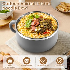 Ramen Bowl With Lid - 1200ml Instant Noodle Cooker With Fork, Spoon, Handle - Leakproof 304 Stainless Steel Liner (Grey)