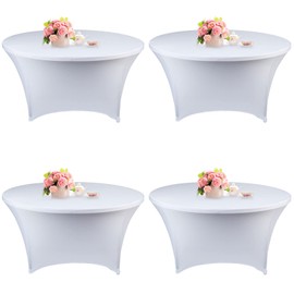 4 Pack 6FT Round Spandex Tablecloth 72 Inch White Stretchable Table Cover Washable and Wrinkle Resistant Table Cloth, Fitted Round Table for Wedding, Banquet, Birthday, Party, Restaurant (White)