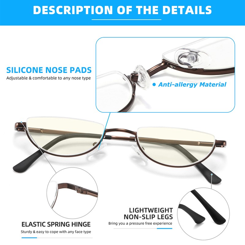 TOVEEN Half Lens Reading Glasses Blue Light Blocking, Half Moon