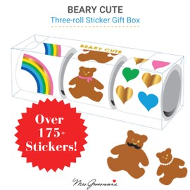 Mrs. Grossman's Beary Cute 3-Roll Sticker Gift Box with Over 175 Premium Stickers with Bears, Rainbows, and Hearts for Collecting, Scrapbooking and Decoration, Kids and Adults