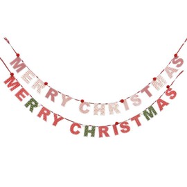 Kaemingk Shabby Chic Fabric Christmas Banner/Garland Red Green Vintage Country Style Decoration - MERRY CHRISTMAS Message - 170cm