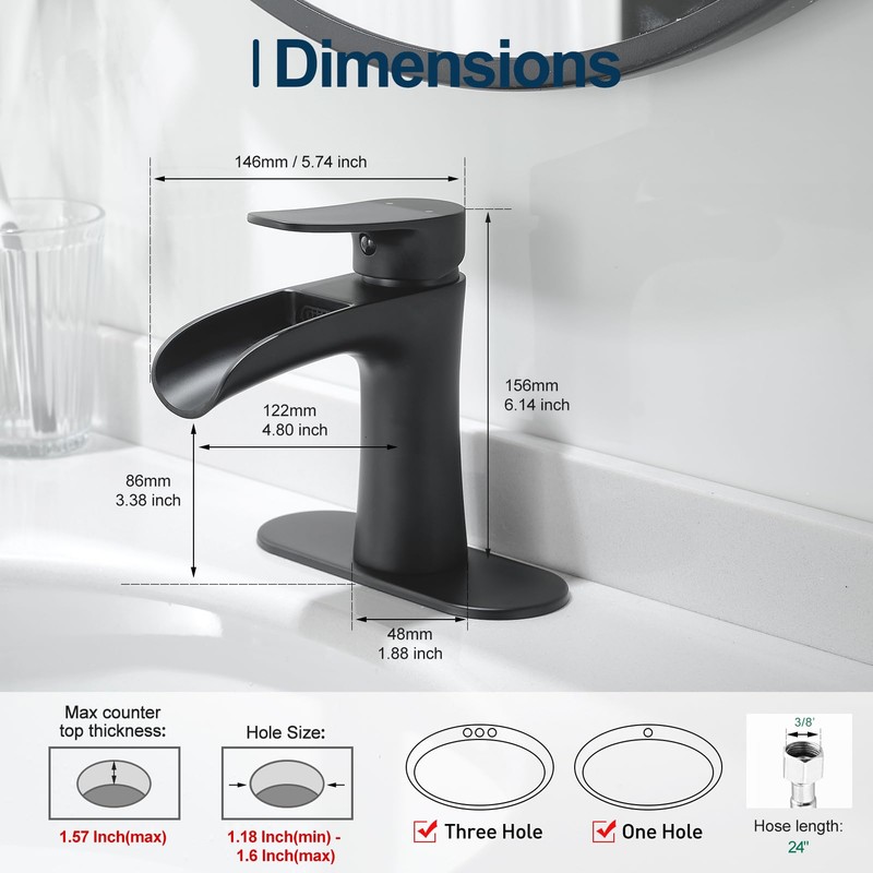 VOTON Black Bathroom Faucets Single Handle Waterfall Sink Faucet One