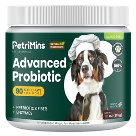 PetriMins Advanced Probiotic for Dogs, Supports Digestive Health, Immune Health, Gut Health, Improves Nutrient Absorption - Six Strains of Probiotics - Inulin - Enzyme Blend, 90-Count, Bacon