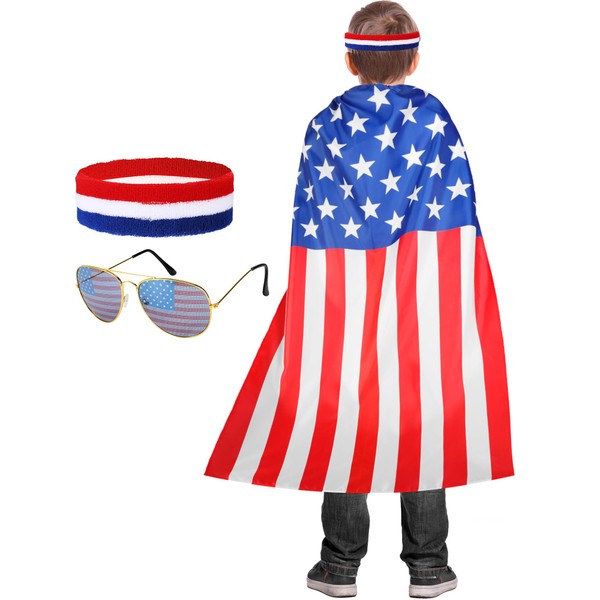Mepase 3 Pcs 4th of July Kids Sunglasses Wearable US Flag Cape Outfits USA Country Flag Color Headband Set Retro Patriotic Accessories Kids American Flag Costume for Toddler Boys Girls Celebration