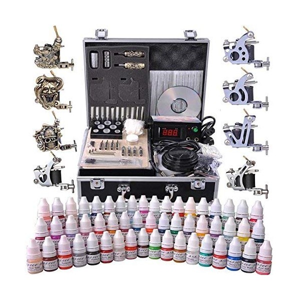 AMPERSAND SHOPS Professional Complete Tattoo Kit with LCD Power Supply and 8 Tattoo Guns, Metal Portable Case + 54 Ink Selection