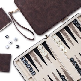 Lingle Backgammon Sets for Adults, Classic Board Game with Folding Leather Backgammon Case, Portable Travel Backgammon Game Set (Brown)
