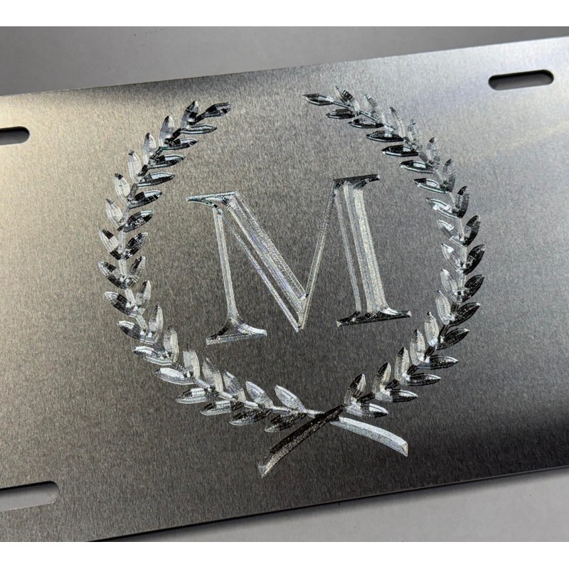 Silver Monogram Crest Car Tag Diamond Etched Engraved .040 Aluminum