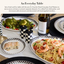 MACKENZIE-CHILDS Set of 2 Everyday Oval Platters, Dishwasher-Safe and Microwave-Safe, Black-and-White Courtly Check