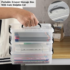 BTSKY 3 Layers Cute Dolphin Clear Plastic Pencil Box - Multipurpose Pencil Case Craft Storage Containers with 1 Lid & Handle, Easy Carry & Stack Crayon Boxes Office Supplies Storage Organizer, Black
